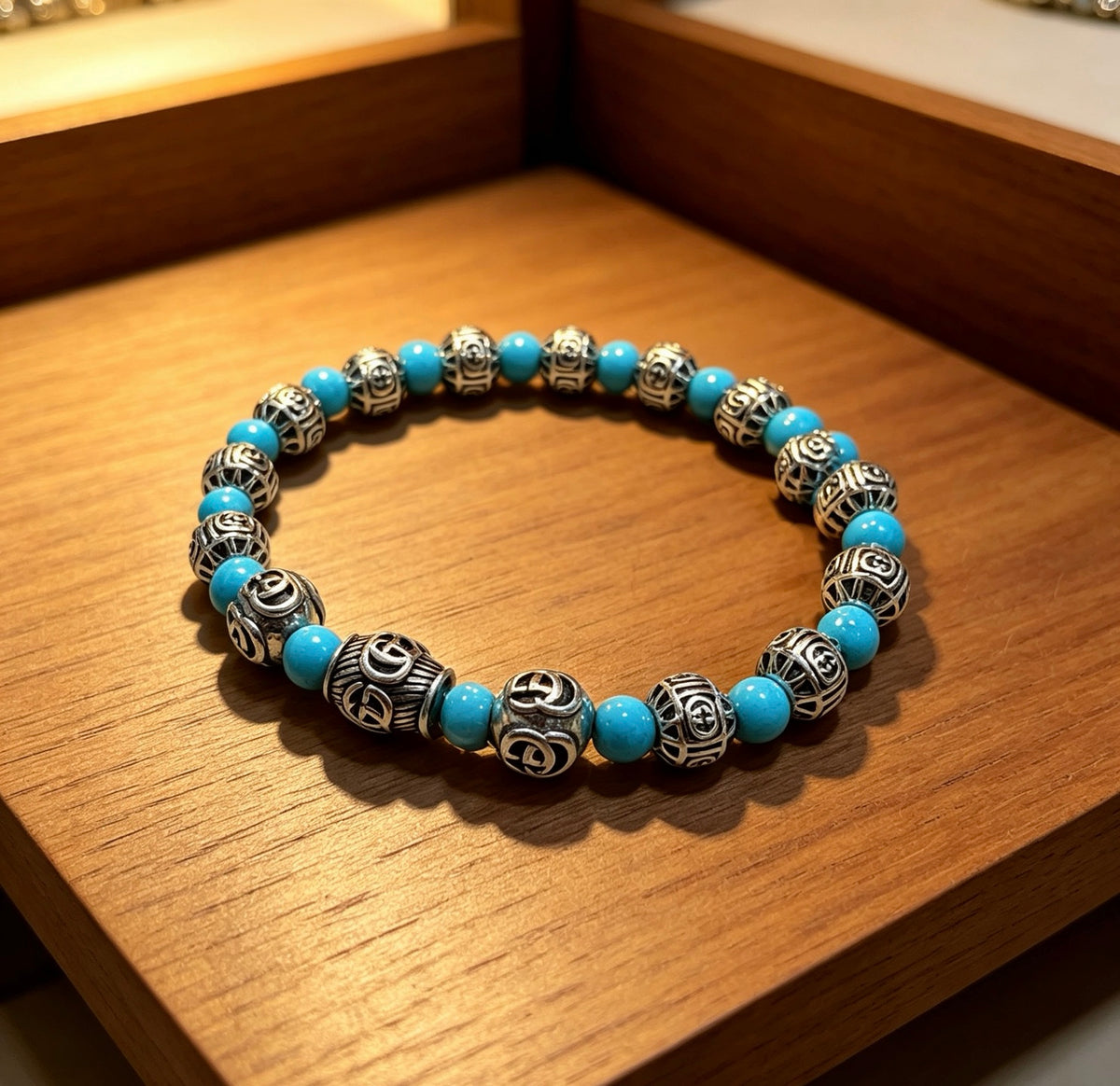 Double-G Emblem Beaded Bracelet in Polished Metal-Tone – Agate Detail – Design 012 main product view