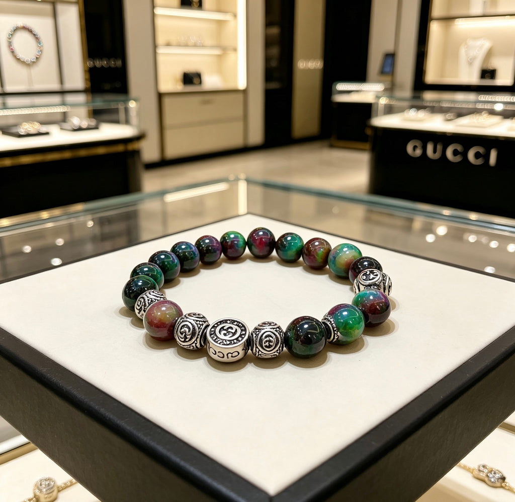 Double-G Emblem Beaded Bracelet in Polished Metal-Tone – Agate Detail – Design 022 front product view