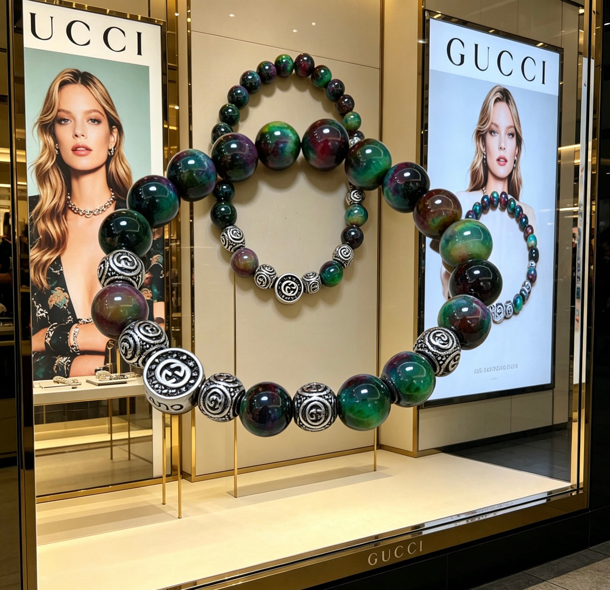 Double-G Emblem Beaded Bracelet in Polished Metal-Tone – Agate Detail – Design 022 main product view