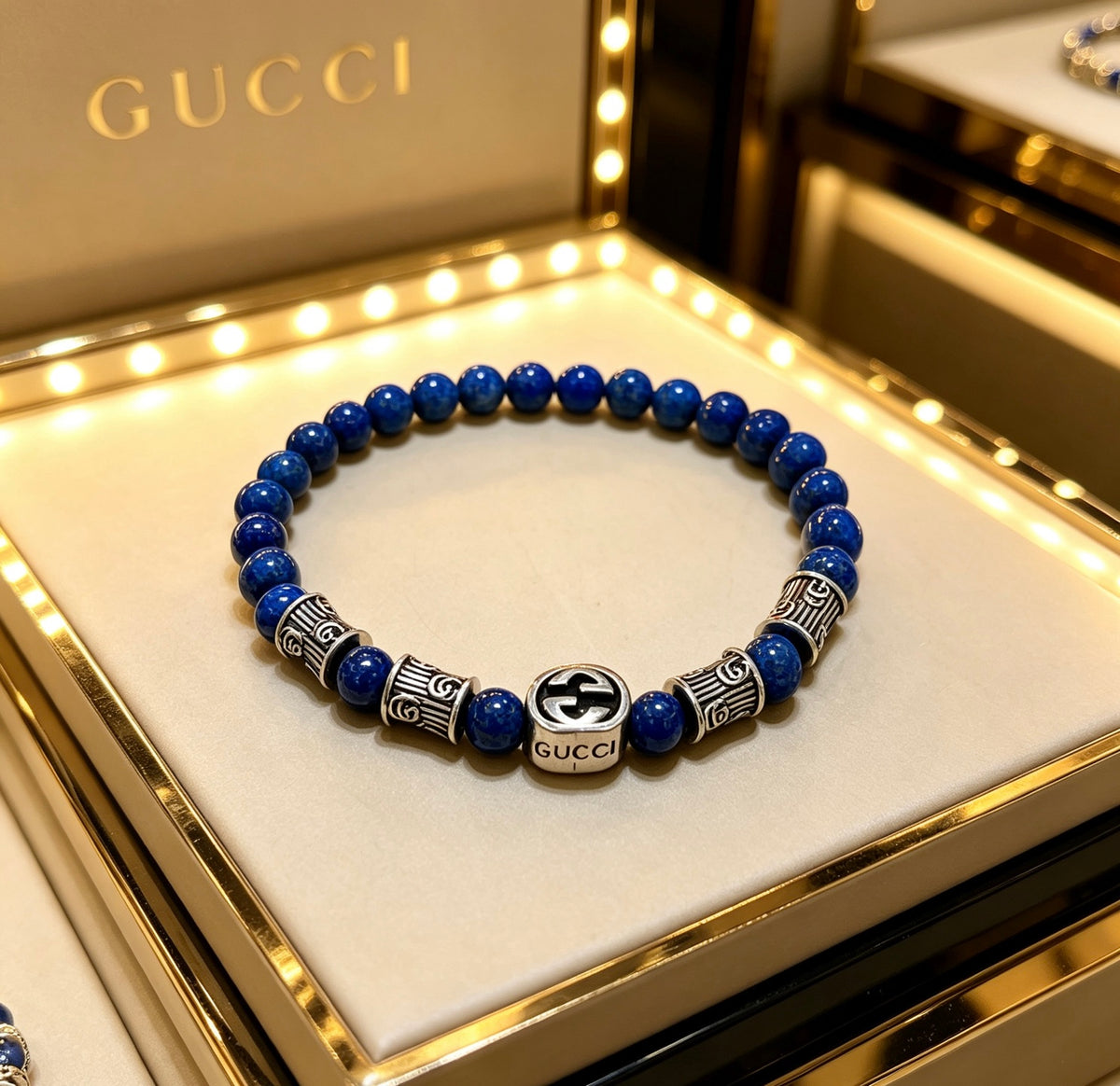 Double-G Emblem Beaded Bracelet in Polished Metal-Tone – Crystal Detail – Design 009 close-up detail