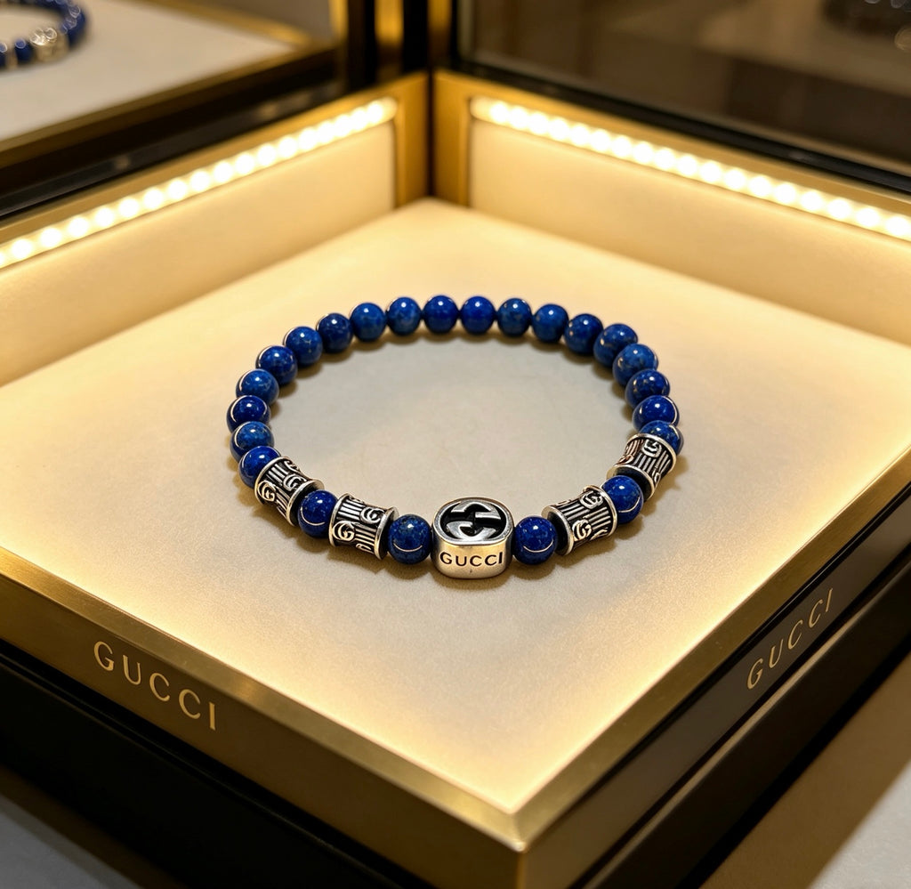Double-G Emblem Beaded Bracelet in Polished Metal-Tone – Crystal Detail – Design 009 detail view