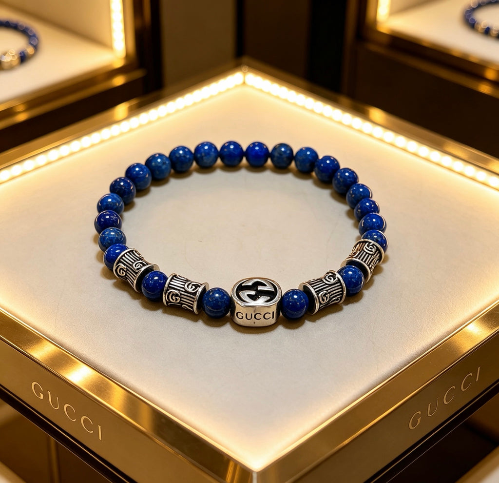 Double-G Emblem Beaded Bracelet in Polished Metal-Tone – Crystal Detail – Design 009 side detail