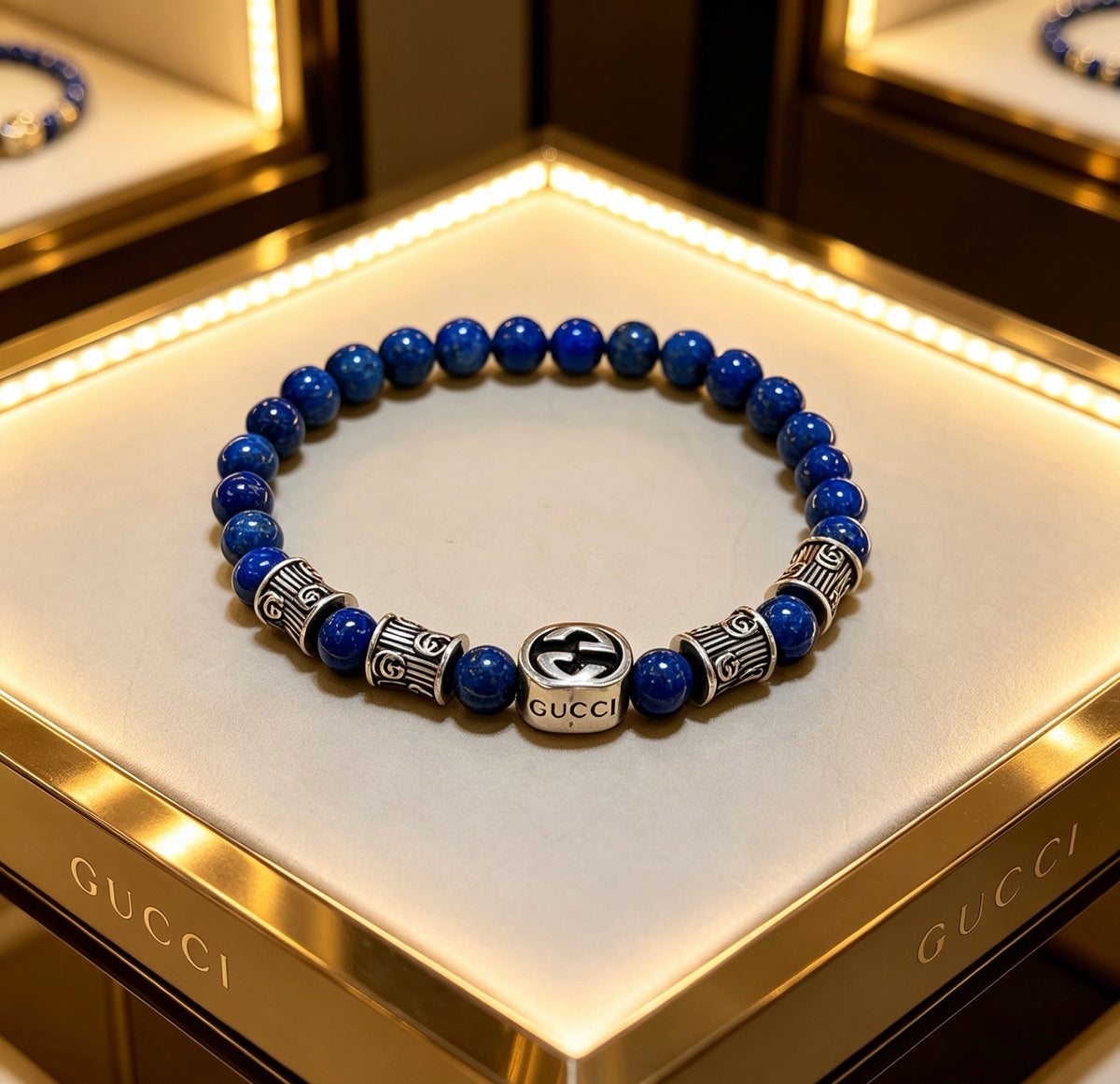Double-G Emblem Beaded Bracelet in Polished Metal-Tone – Crystal Detail – Design 017 side detail