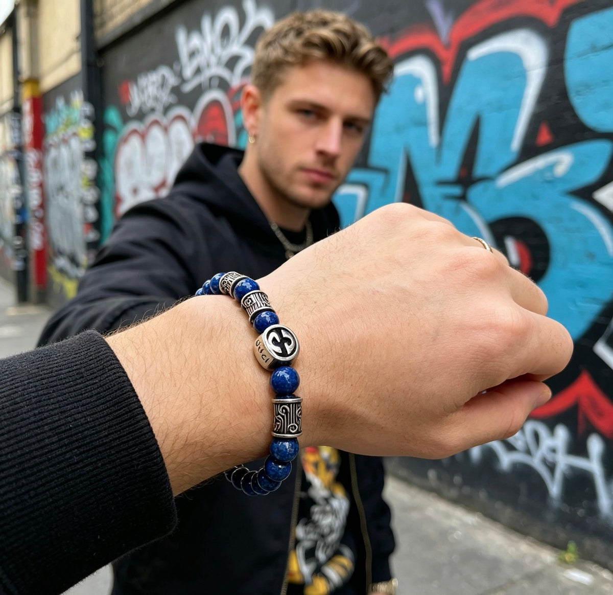 Double-G Emblem Beaded Bracelet in Polished Metal-Tone – Crystal Detail – Design 017 styled product view