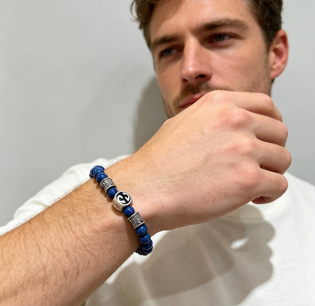 Double-G Emblem Beaded Bracelet in Polished Metal-Tone – Crystal Detail – Design 009 front product view