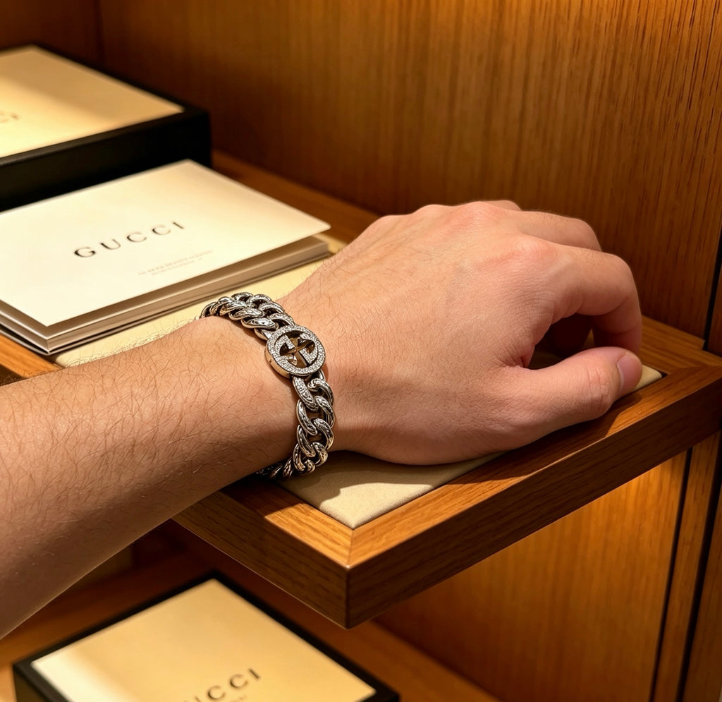Geometric Emblem Bracelet in Polished Metal-Tone – Design 095 detail view