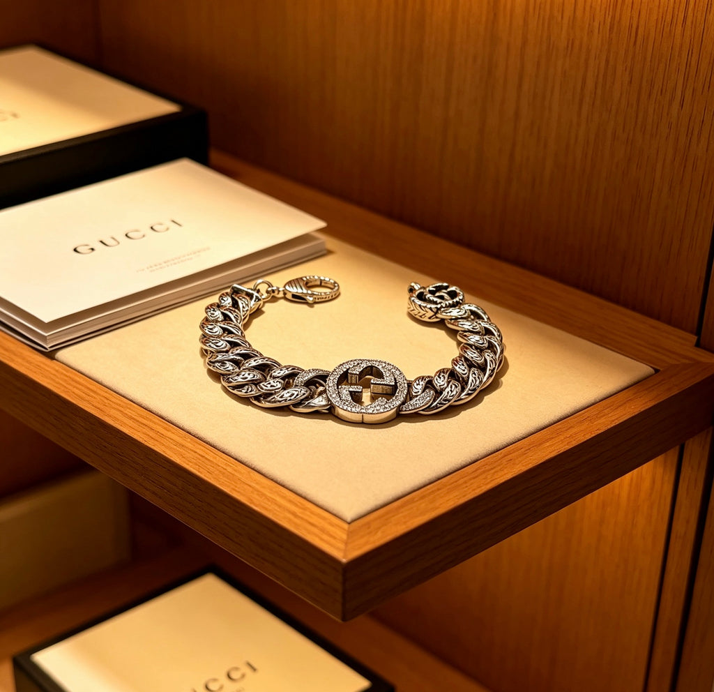 Geometric Emblem Bracelet in Polished Metal-Tone – Design 040 detail view