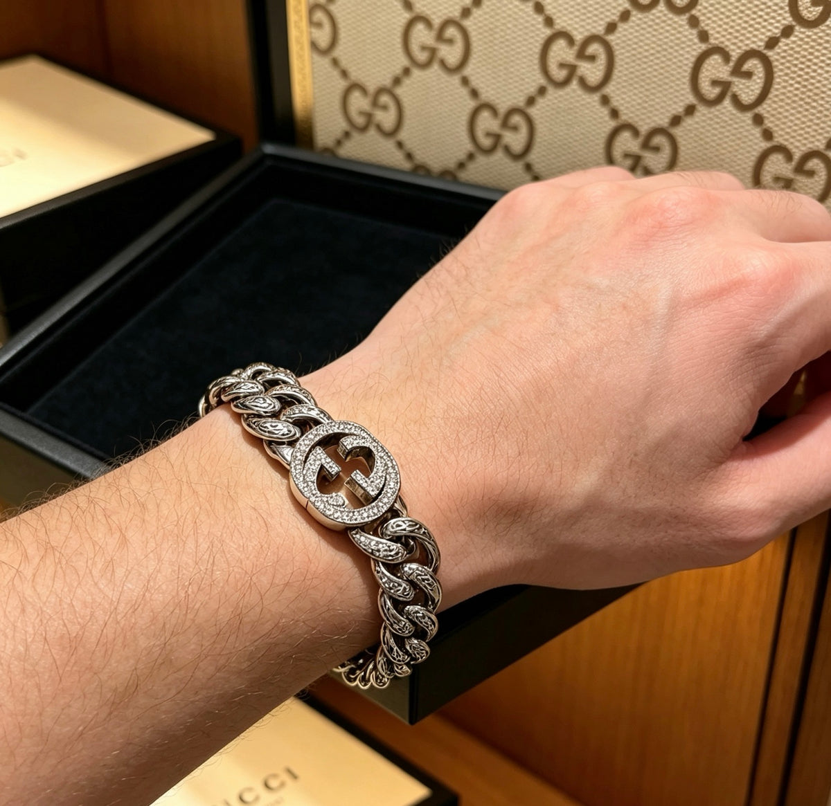Geometric Emblem Bracelet in Polished Metal-Tone – Design 095 front product view