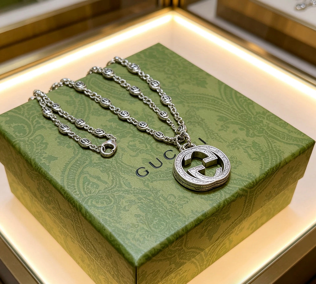 Double-G Emblem Pendant Necklace in Polished Metal-Tone – Design 188 close-up detail