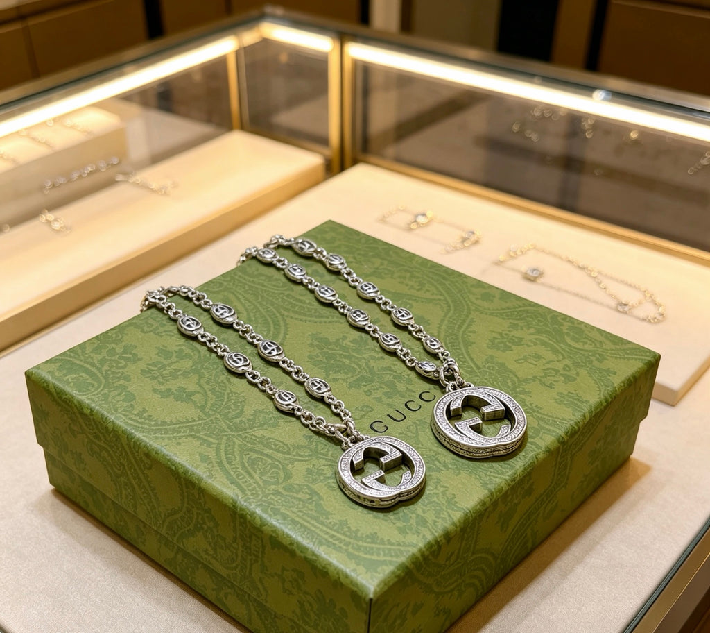 Double-G Emblem Pendant Necklace in Polished Metal-Tone – Design 087 main product view