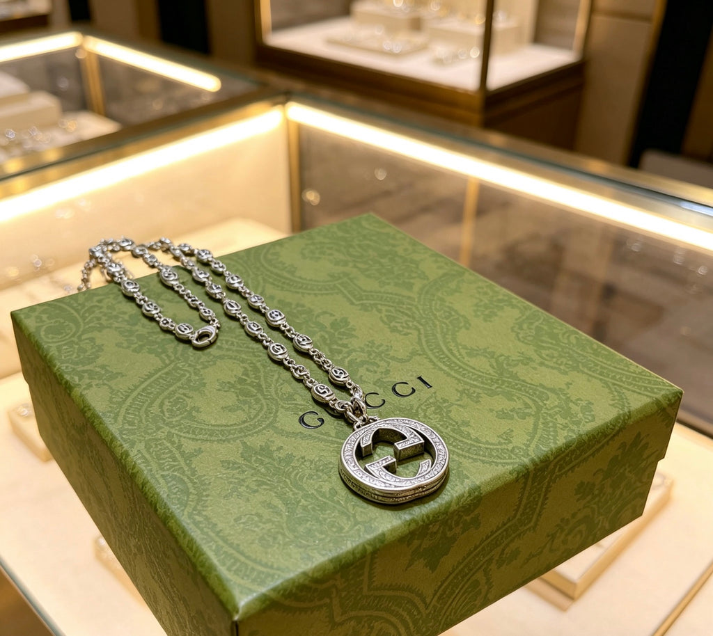 Double-G Emblem Pendant Necklace in Polished Metal-Tone – Design 087 front product view