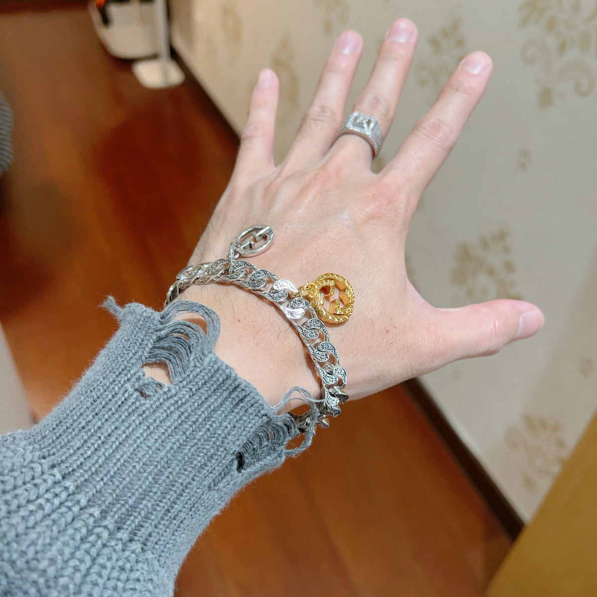 Geometric Emblem Bracelet in Polished Metal-Tone – Design 038 front product view