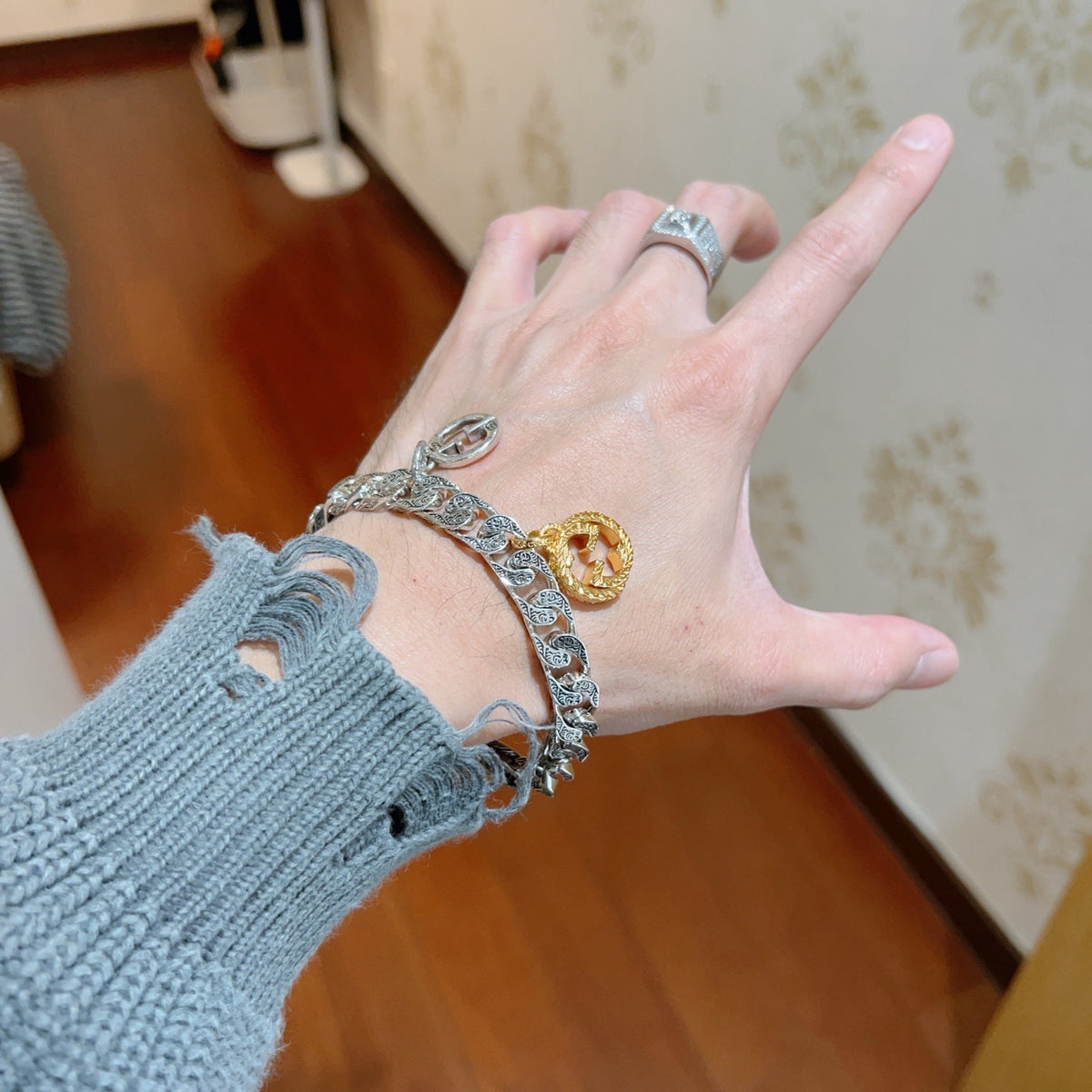 Geometric Emblem Bracelet in Polished Metal-Tone – Design 038 styled product view
