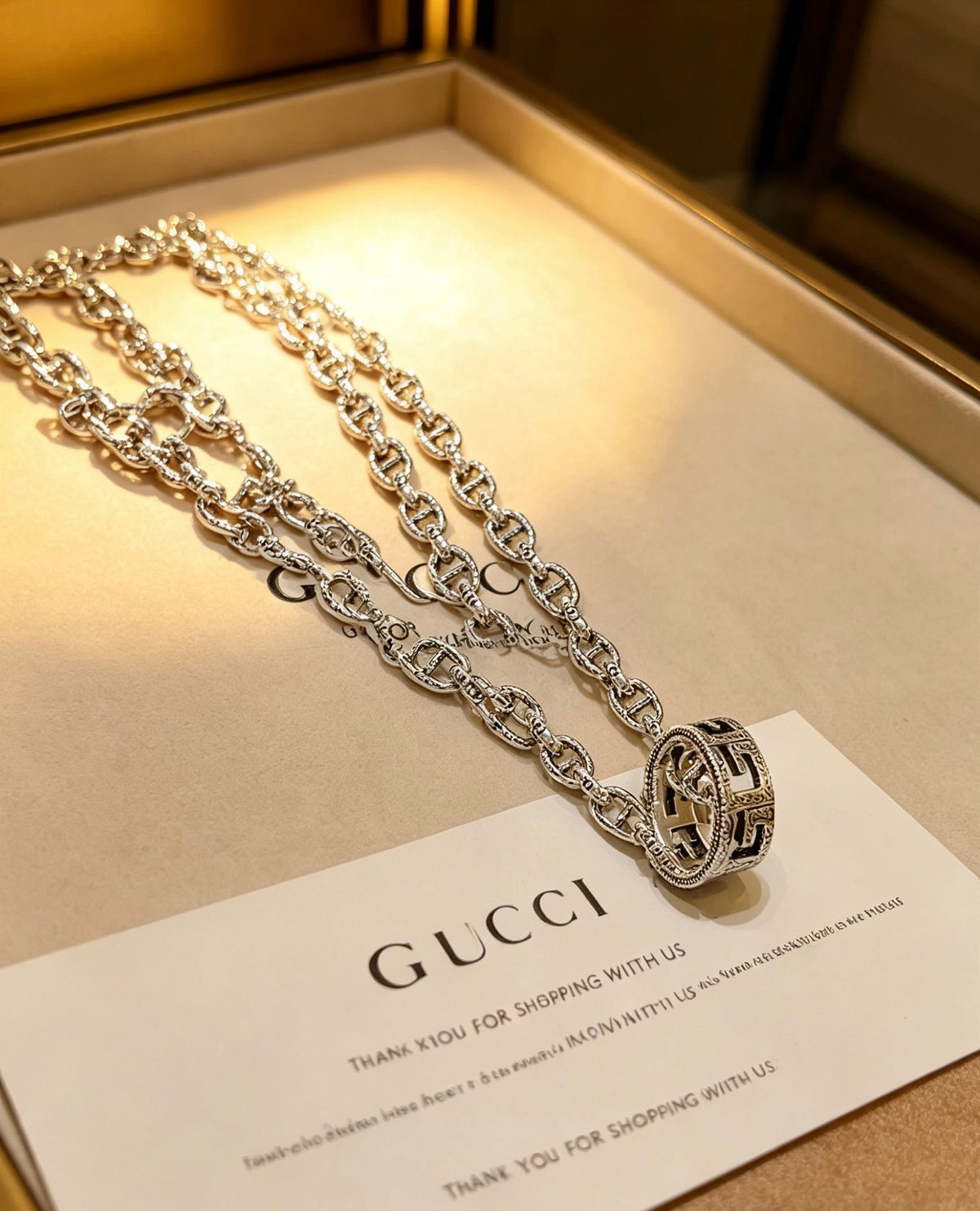 Double-G Emblem Pendant Necklace in Polished Metal-Tone – Vintage Detail – Design 054 front product view
