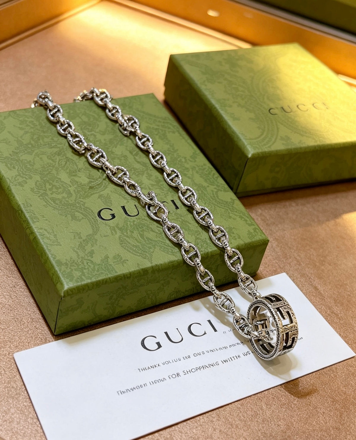 Double-G Emblem Pendant Necklace in Polished Metal-Tone – Vintage Detail – Design 054 side detail