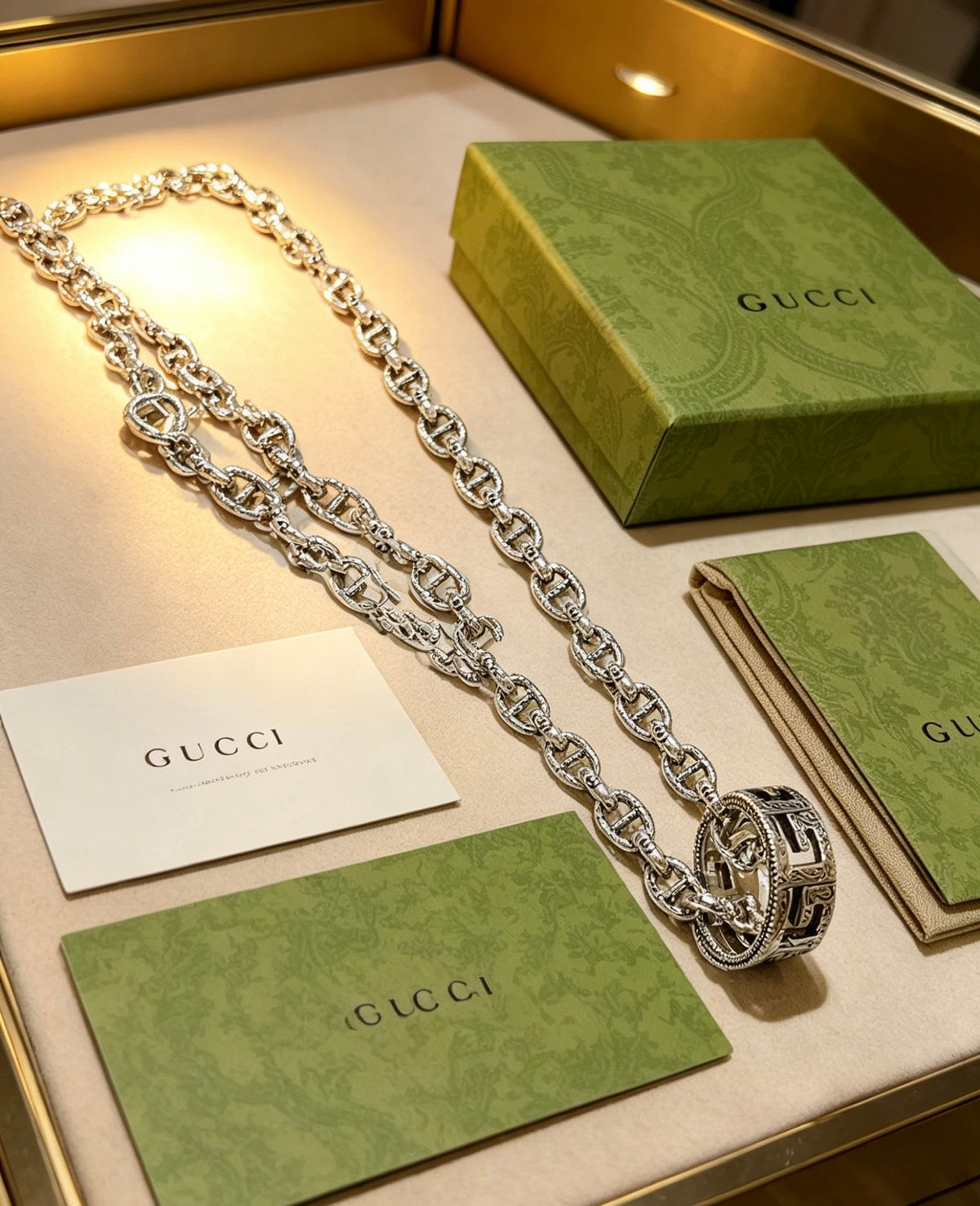 Double-G Emblem Pendant Necklace in Polished Metal-Tone – Vintage Detail – Design 021 front product view