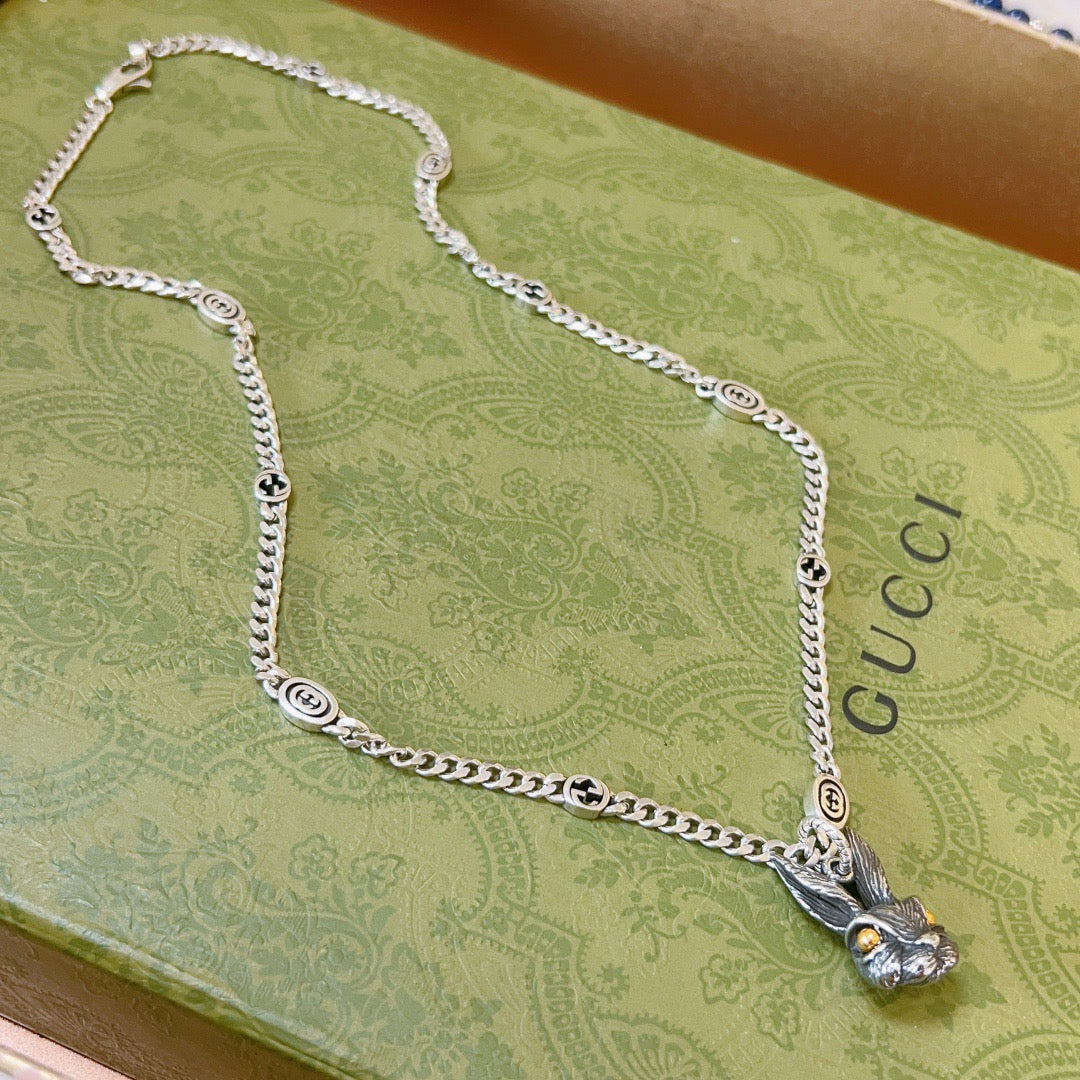 Double-G Emblem Pendant Necklace in Silver-Tone – Vintage Detail – Design 052 front product view
