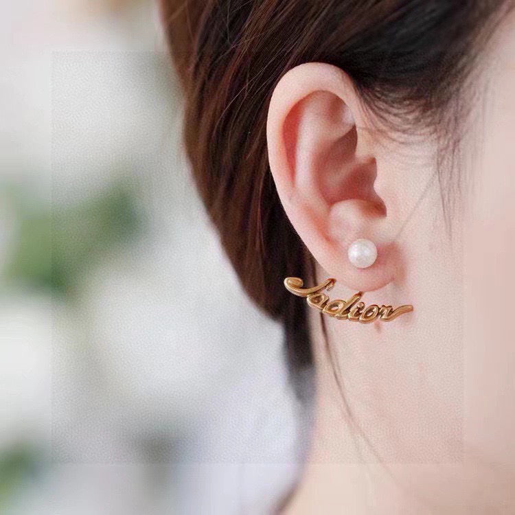 Graphic Letter Motif Stud Earrings in Polished Metal-Tone – Design 004 front view