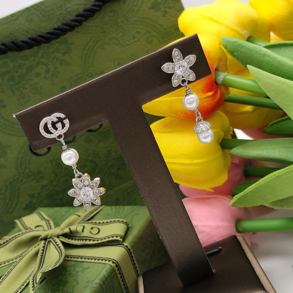 Floral Stud Earrings in Polished Metal-Tone – Design 006 front product view