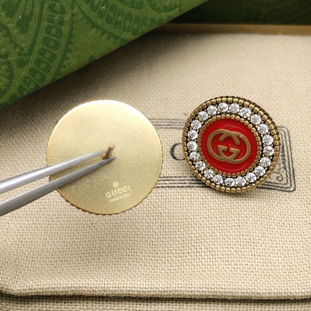 Geometric Emblem Stud Earrings in Polished Metal-Tone – Red Detail styled product view