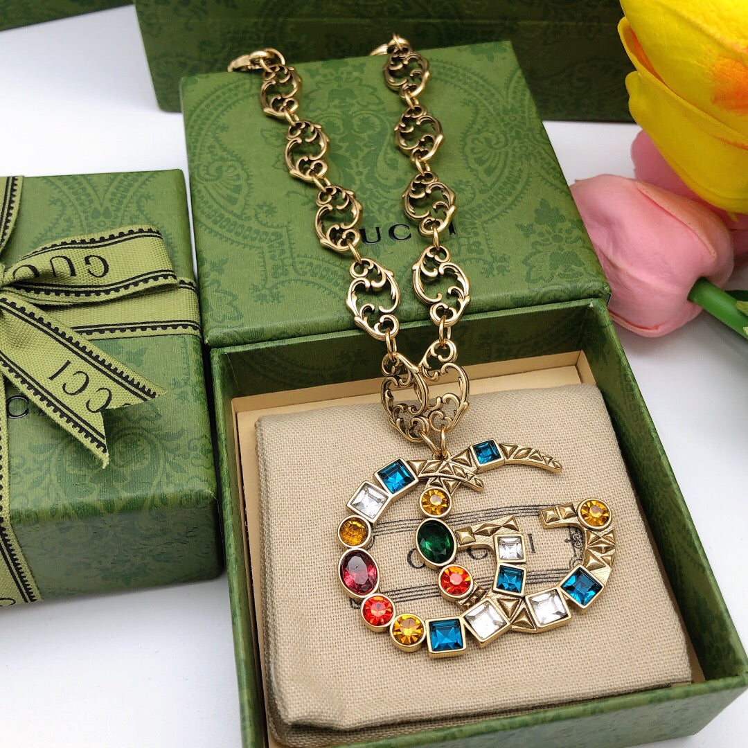 Double-G Emblem Pendant Necklace in Polished Metal-Tone – Crystal Detail – Design 003 main product view