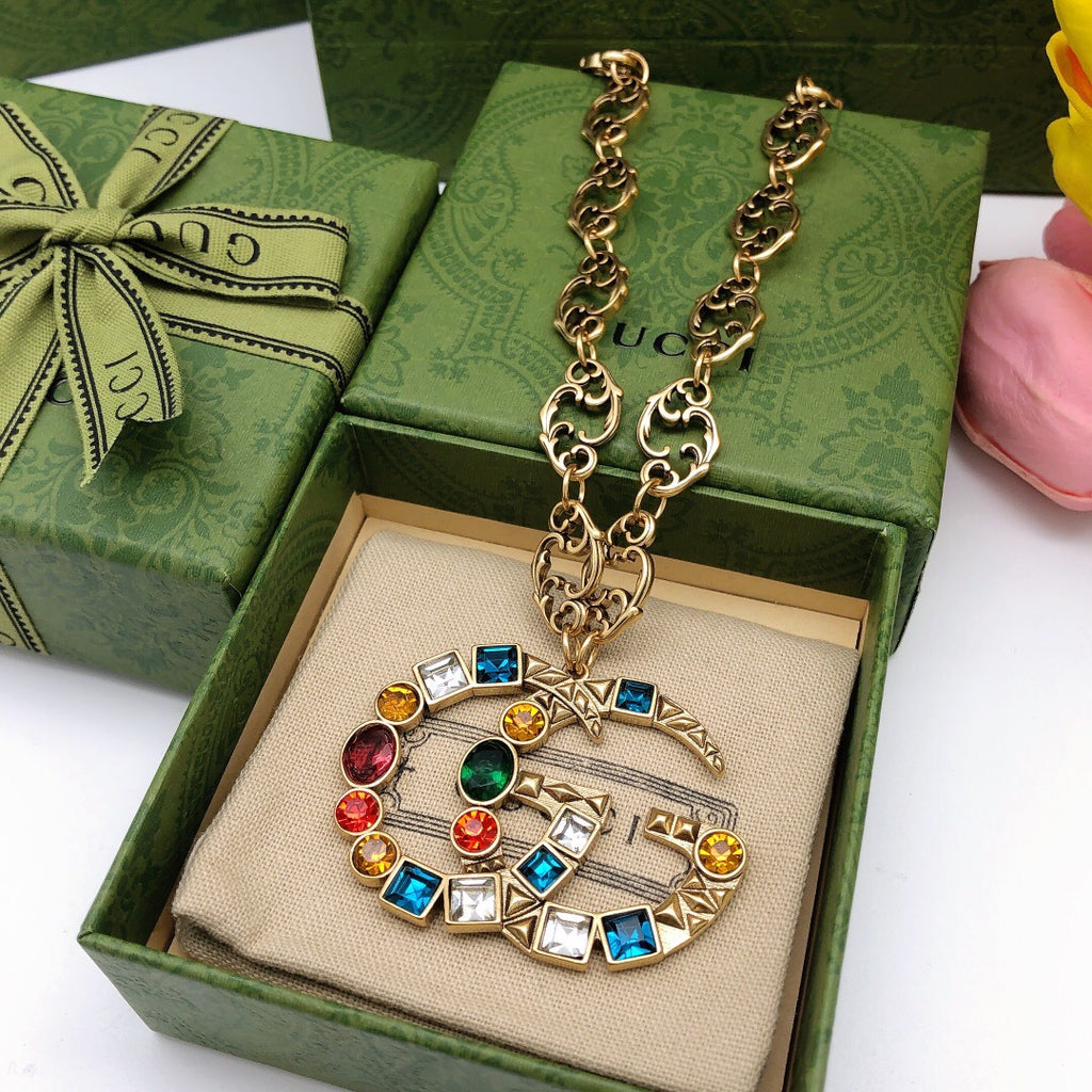 Double-G Emblem Pendant Necklace in Polished Metal-Tone – Crystal Detail – Design 003 front product view