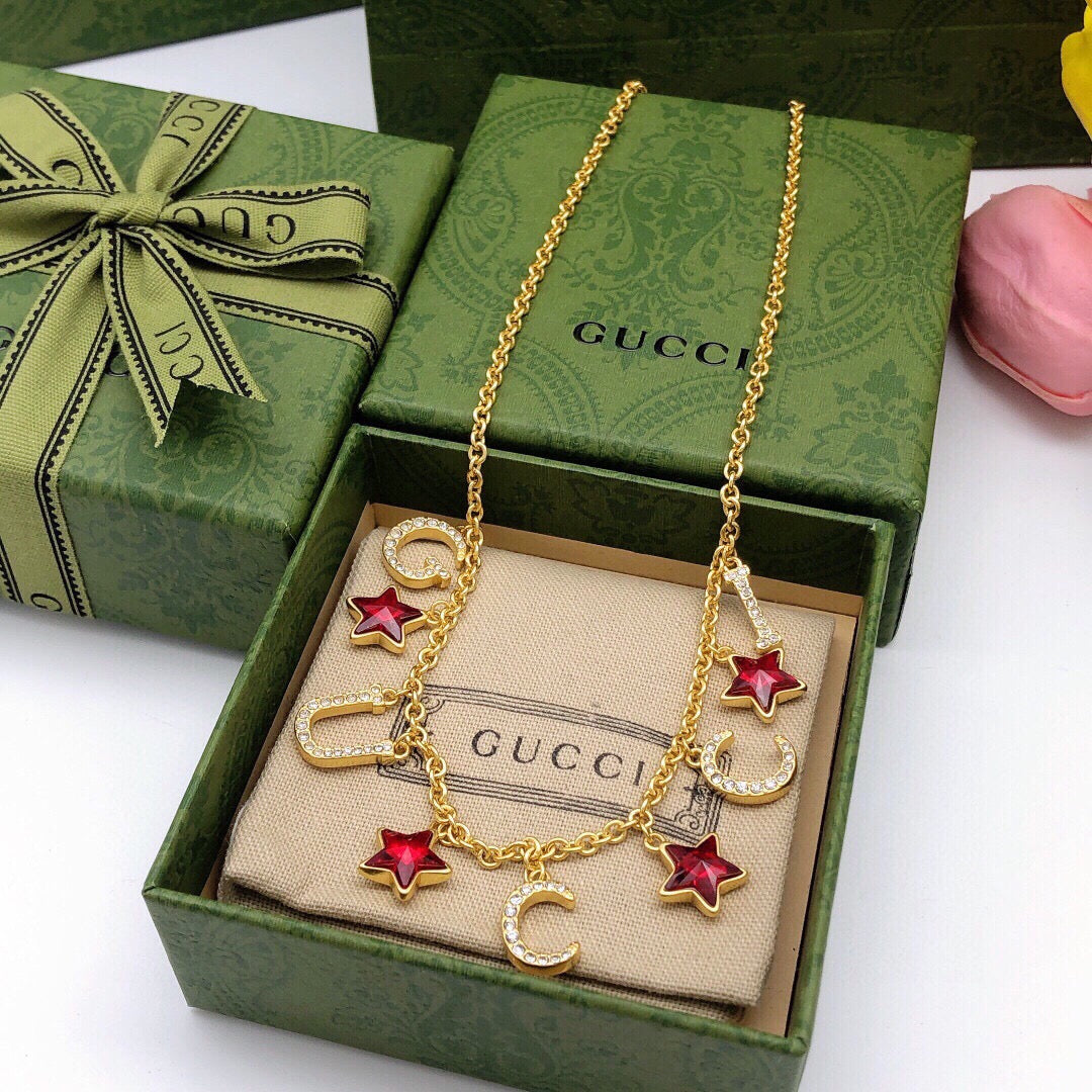 Double-G Emblem Pendant Necklace in Polished Metal-Tone – Red Detail detail view