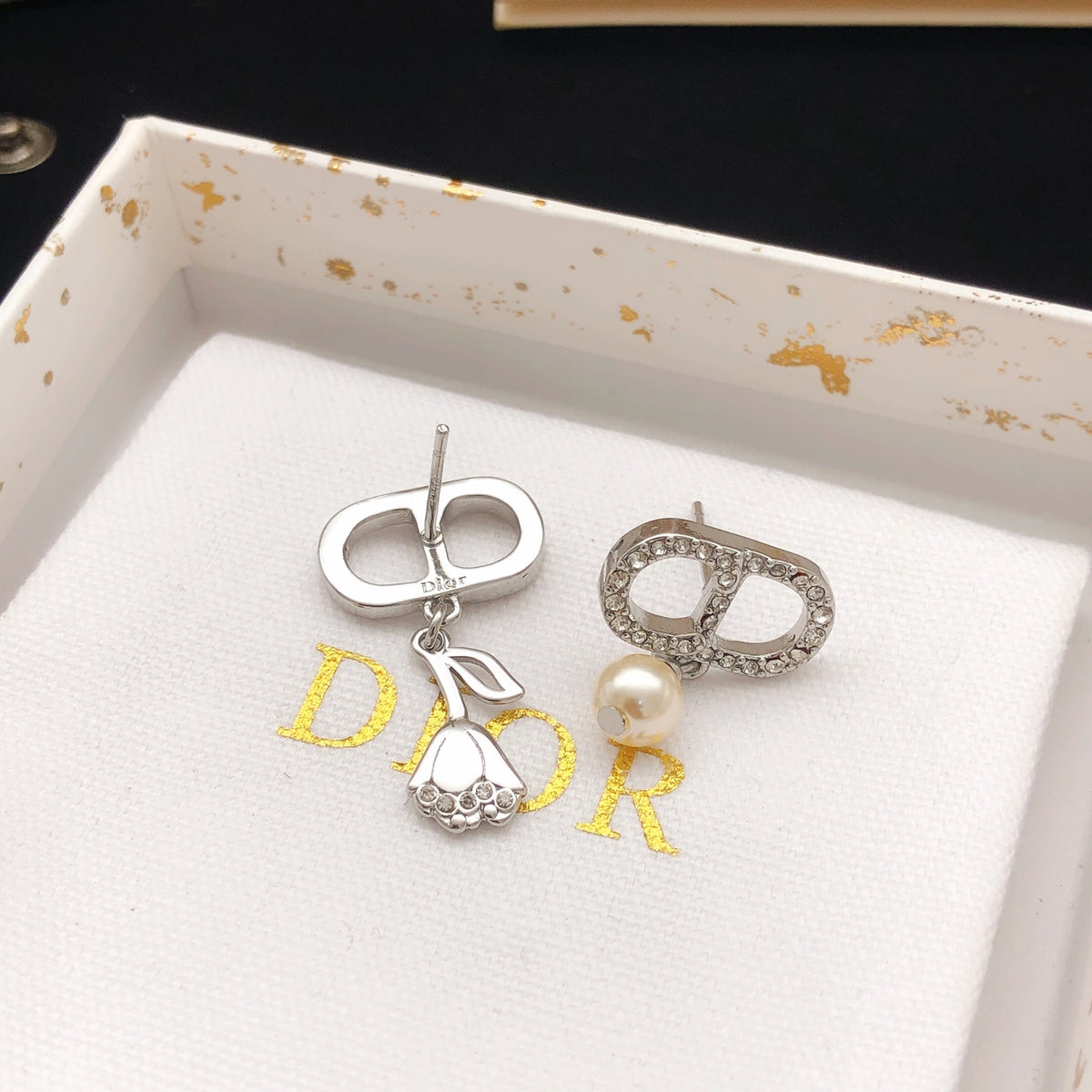 Pearl-Style Motif Stud Earrings in Polished Metal-Tone with Pearl-Style Detail – Design 011 styled view