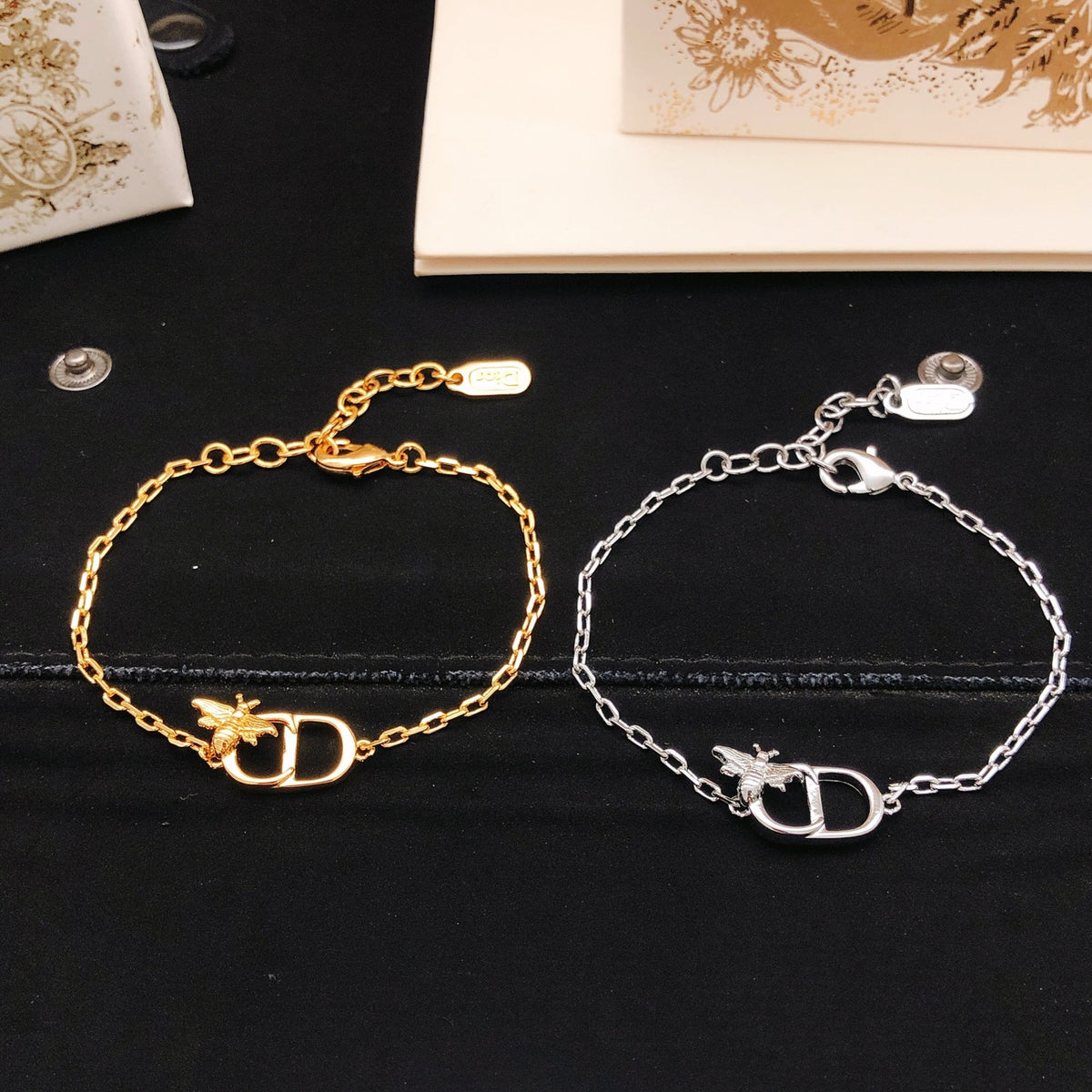 Bee Motif Statement Bracelet in Polished Metal-Tone – Design 002 side detail