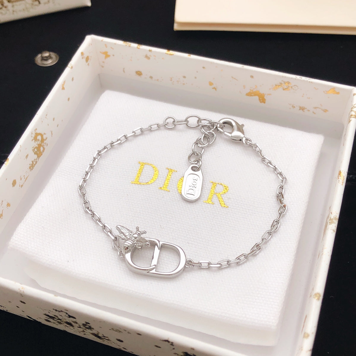 Bee Motif Statement Bracelet in Polished Metal-Tone – Design 001 detail view