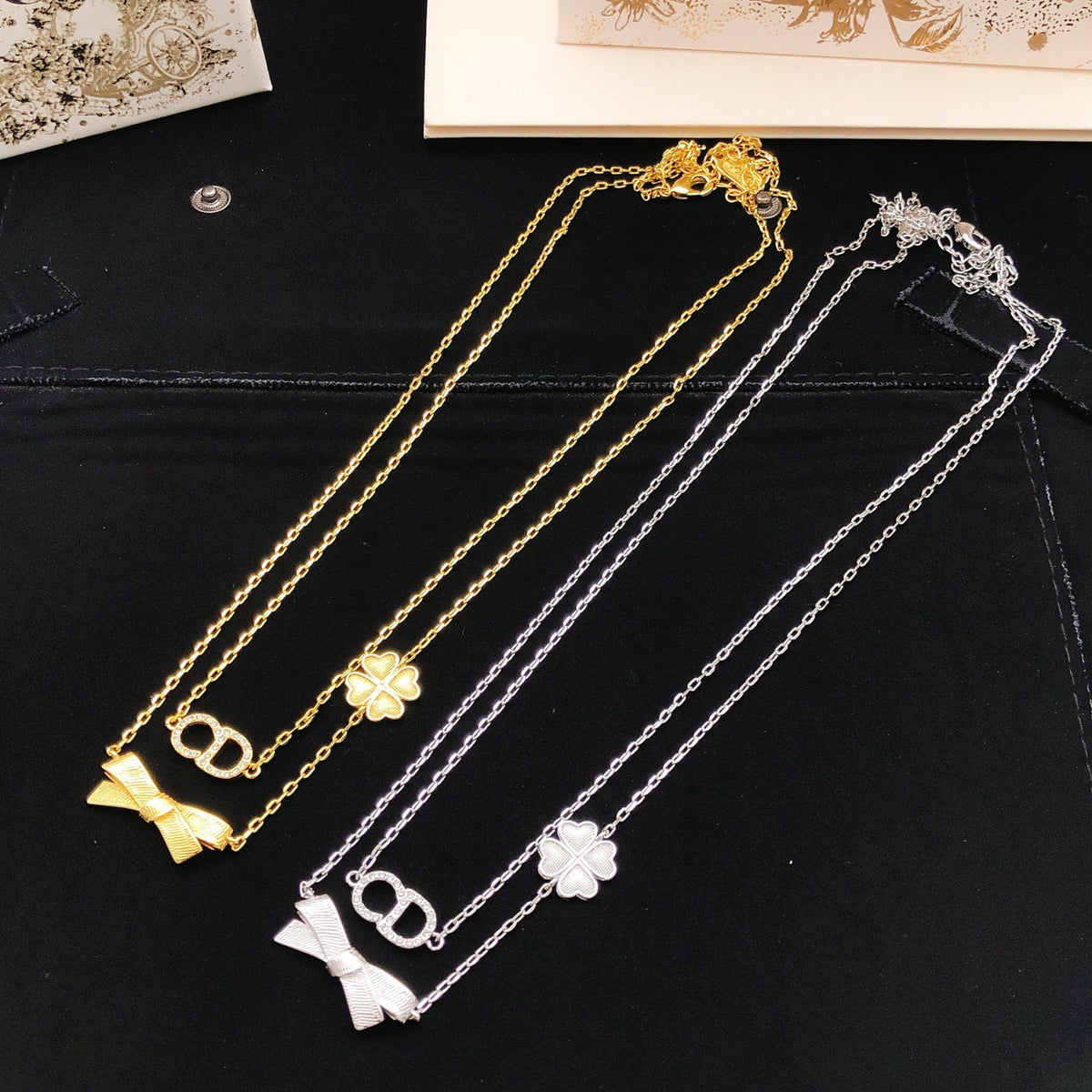 Bow & Butterfly Motif Pendant Necklace in Polished Metal-Tone with Layered Detail – Design 003 main product view