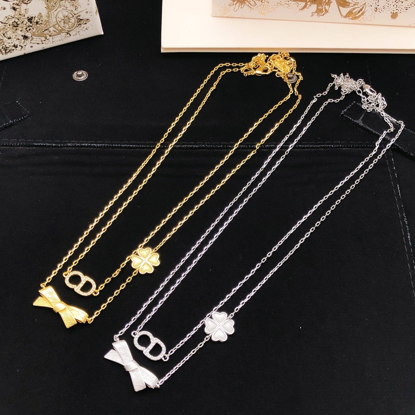 Bow & Butterfly Motif Pendant Necklace in Polished Metal-Tone with Layered Detail – Design 004 main product view