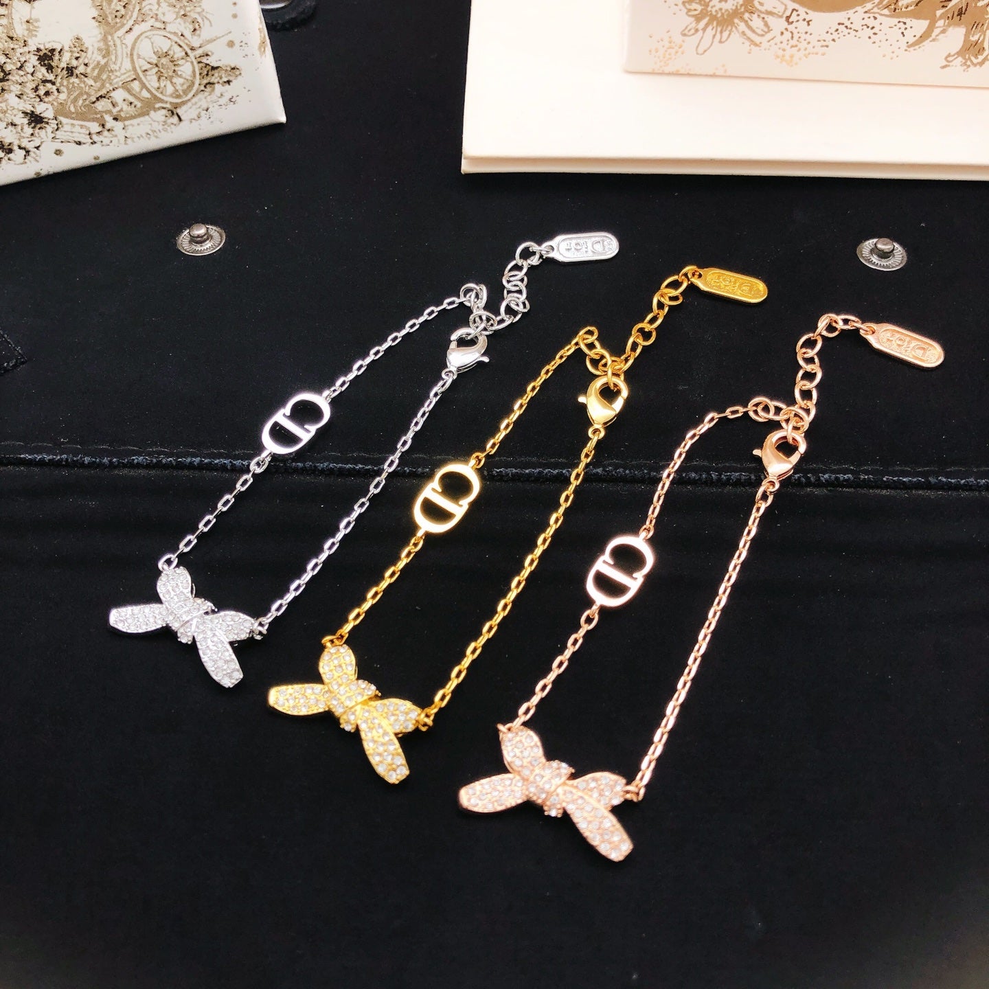 Bow & Butterfly Motif Statement Bracelet in Rose-Gold-Tone side detail