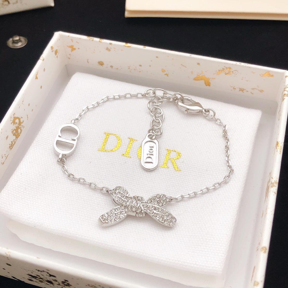 Bow & Butterfly Motif Statement Bracelet in Polished Metal-Tone – Design 001 detail view