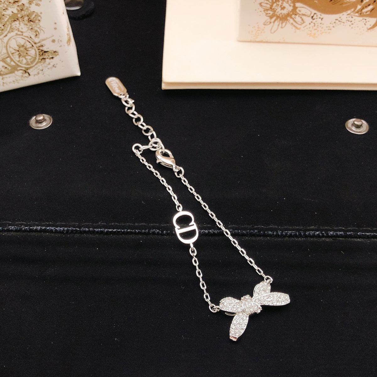 Bow & Butterfly Motif Statement Bracelet in Polished Metal-Tone – Design 001 front view