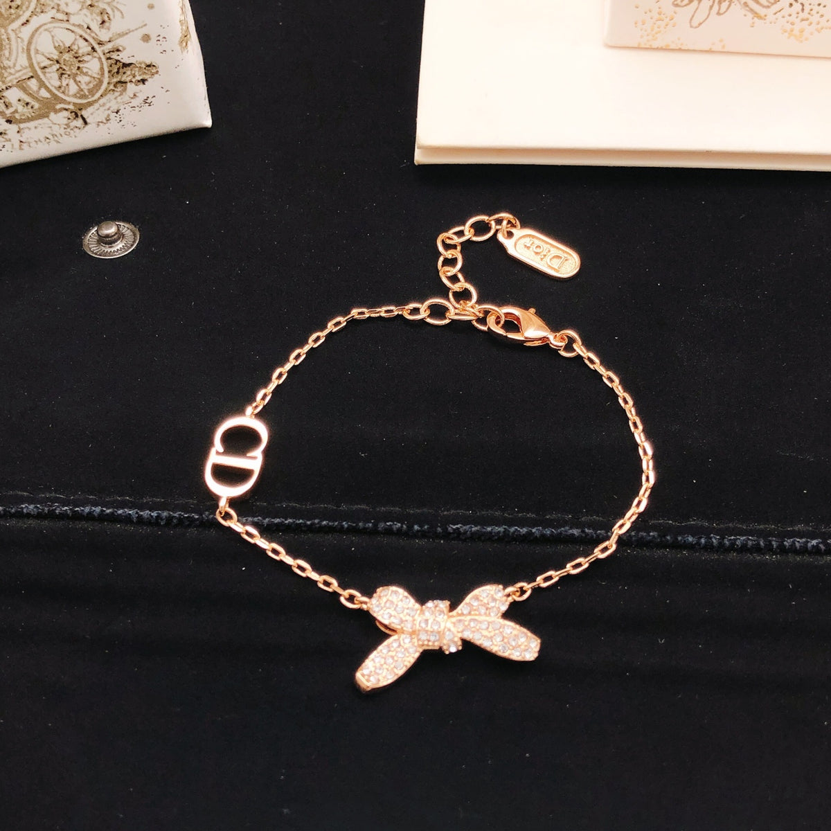 Bow & Butterfly Motif Statement Bracelet in Rose-Gold-Tone main product view