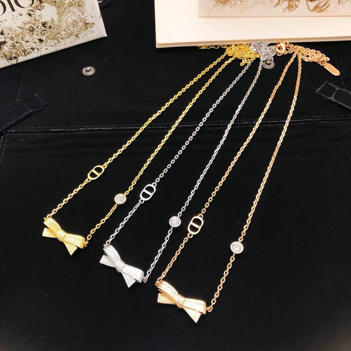 Bow & Butterfly Motif Pendant Necklace in Polished Metal-Tone – Design 003 main product view