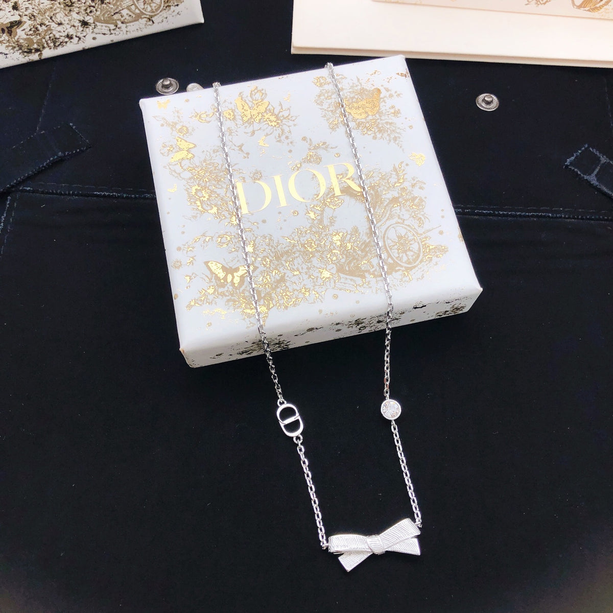 Bow & Butterfly Motif Pendant Necklace in Polished Metal-Tone – Design 004 side detail