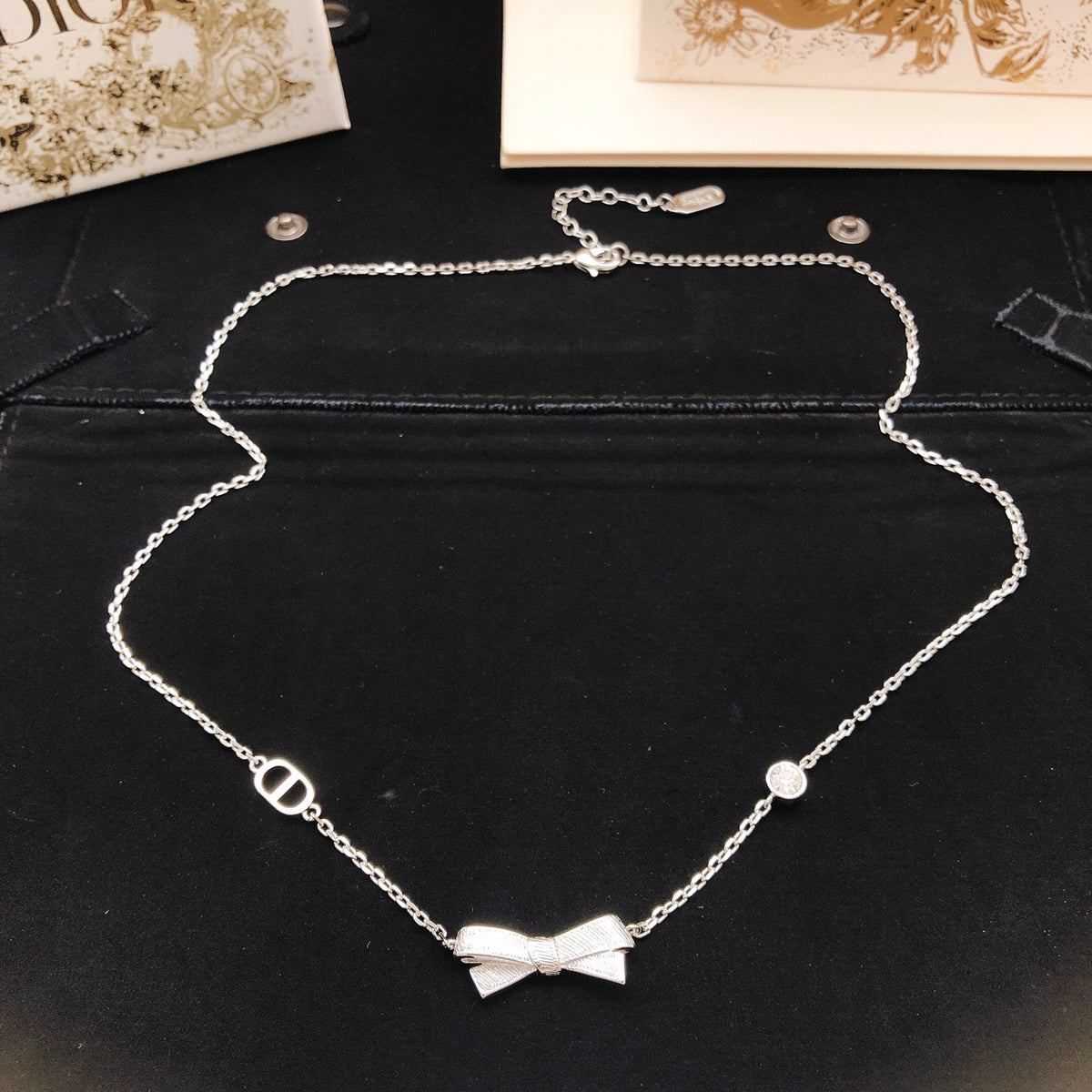 Bow & Butterfly Motif Pendant Necklace in Polished Metal-Tone – Design 004 styled view