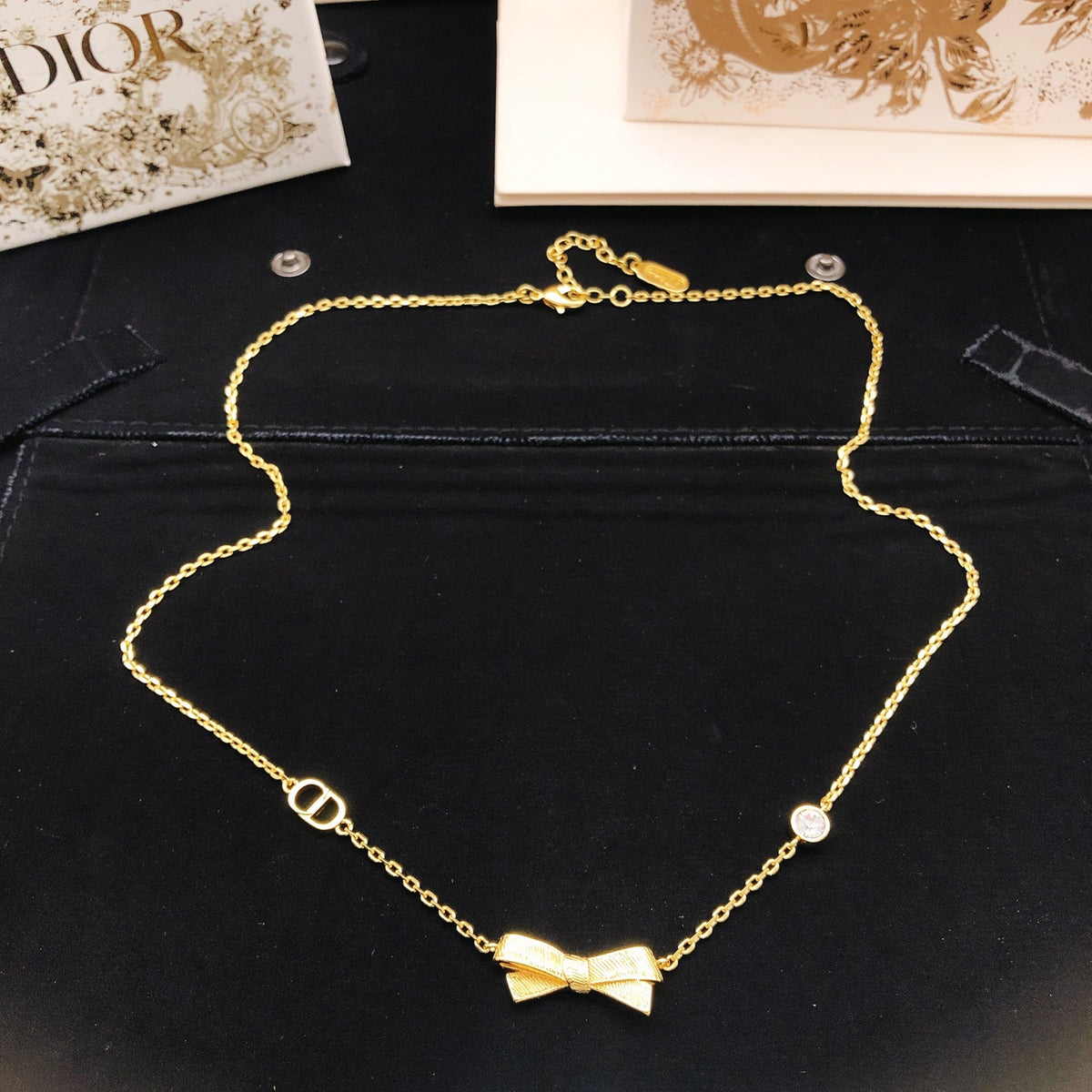Bow & Butterfly Motif Pendant Necklace in Polished Metal-Tone – Design 003 side detail