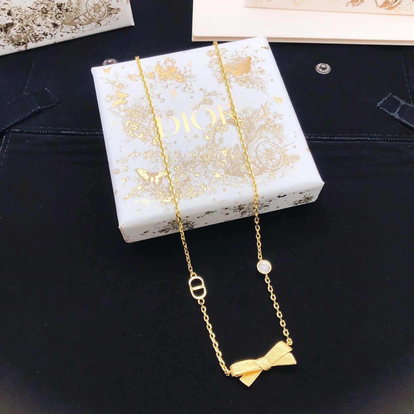 Bow & Butterfly Motif Pendant Necklace in Polished Metal-Tone – Design 003 detail view