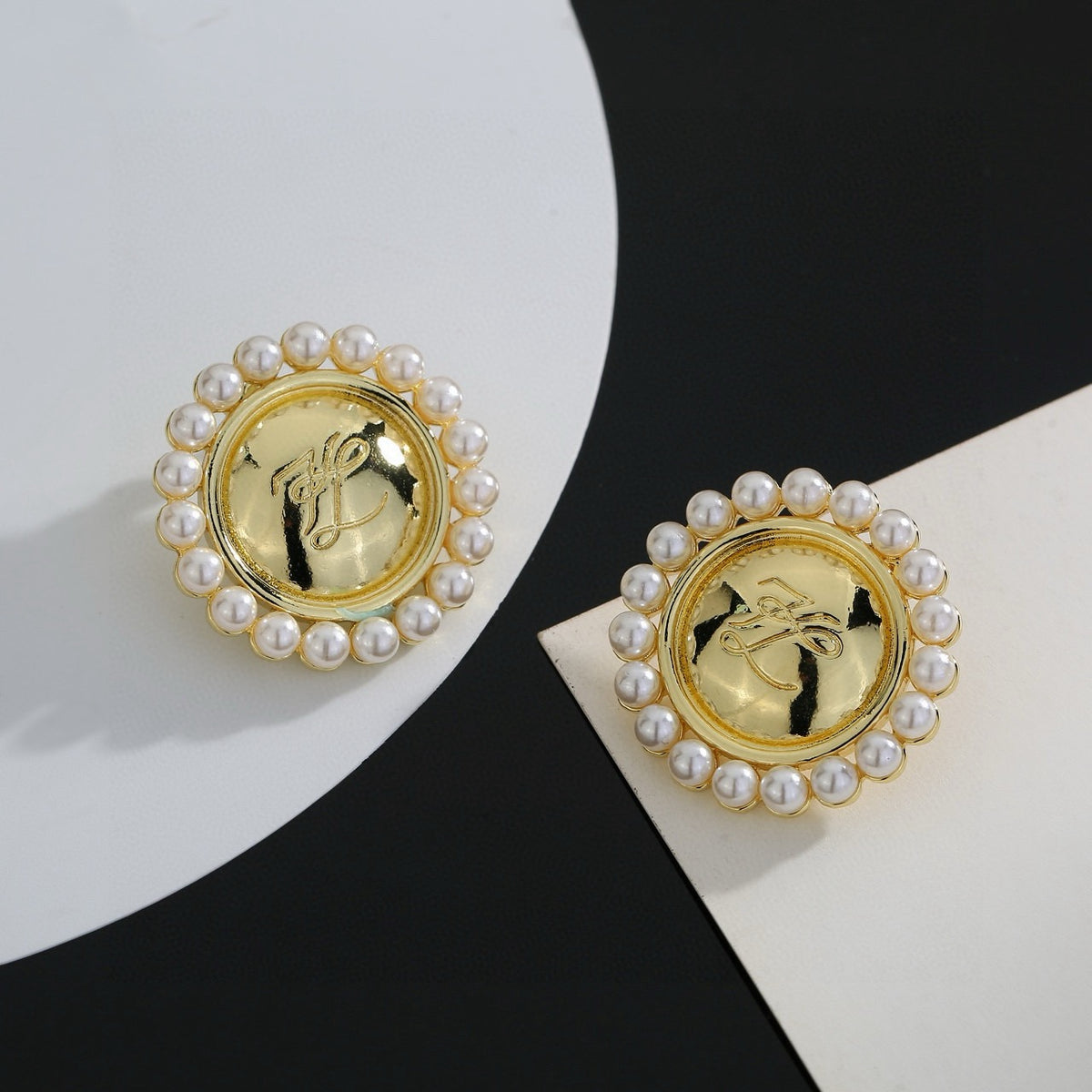 Floral Motif Stud Earrings in Gold-Tone with Crystal-Style Accents – Design 02 front view
