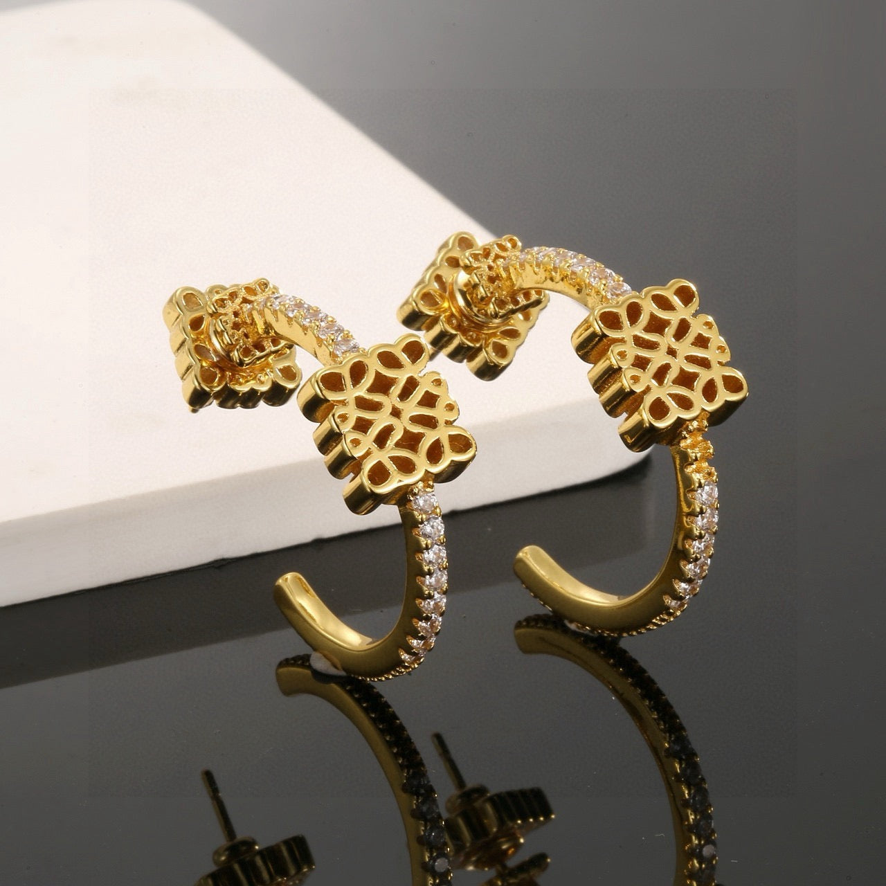Floral Motif Stud Earrings in Gold-Tone with Crystal-Style Accents – Design 03 close-up detail