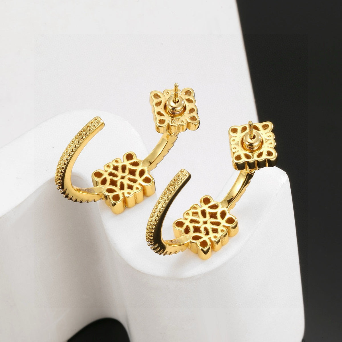 Floral Motif Stud Earrings in Gold-Tone with Crystal-Style Accents – Design 06 detail view