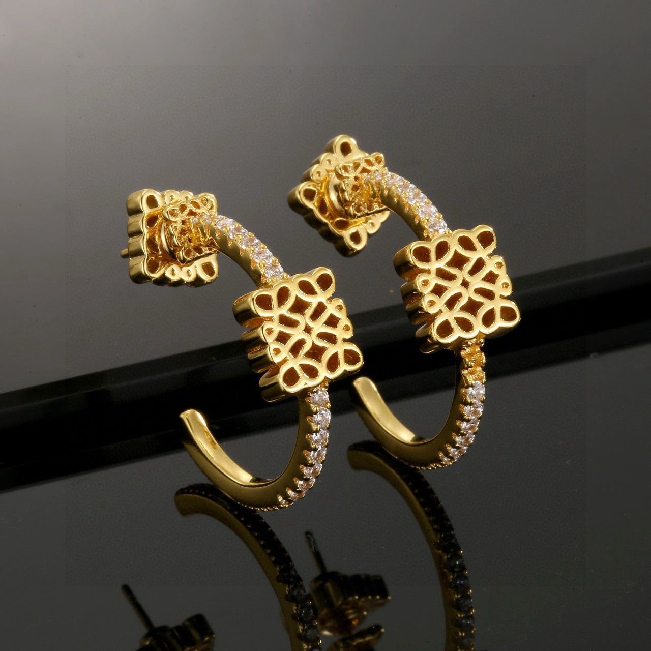 Floral Motif Stud Earrings in Gold-Tone with Crystal-Style Accents – Design 06 styled view