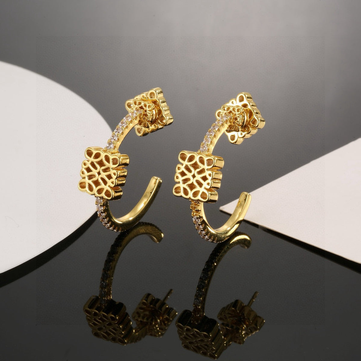 Floral Motif Stud Earrings in Gold-Tone with Crystal-Style Accents – Design 03 main product view