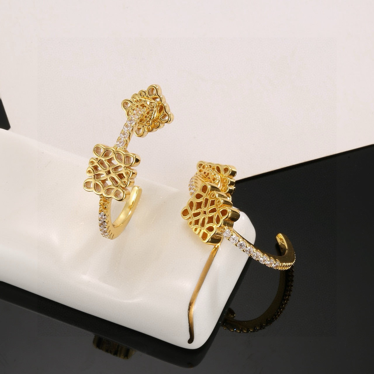 Floral Motif Stud Earrings in Gold-Tone with Crystal-Style Accents – Design 06 front view