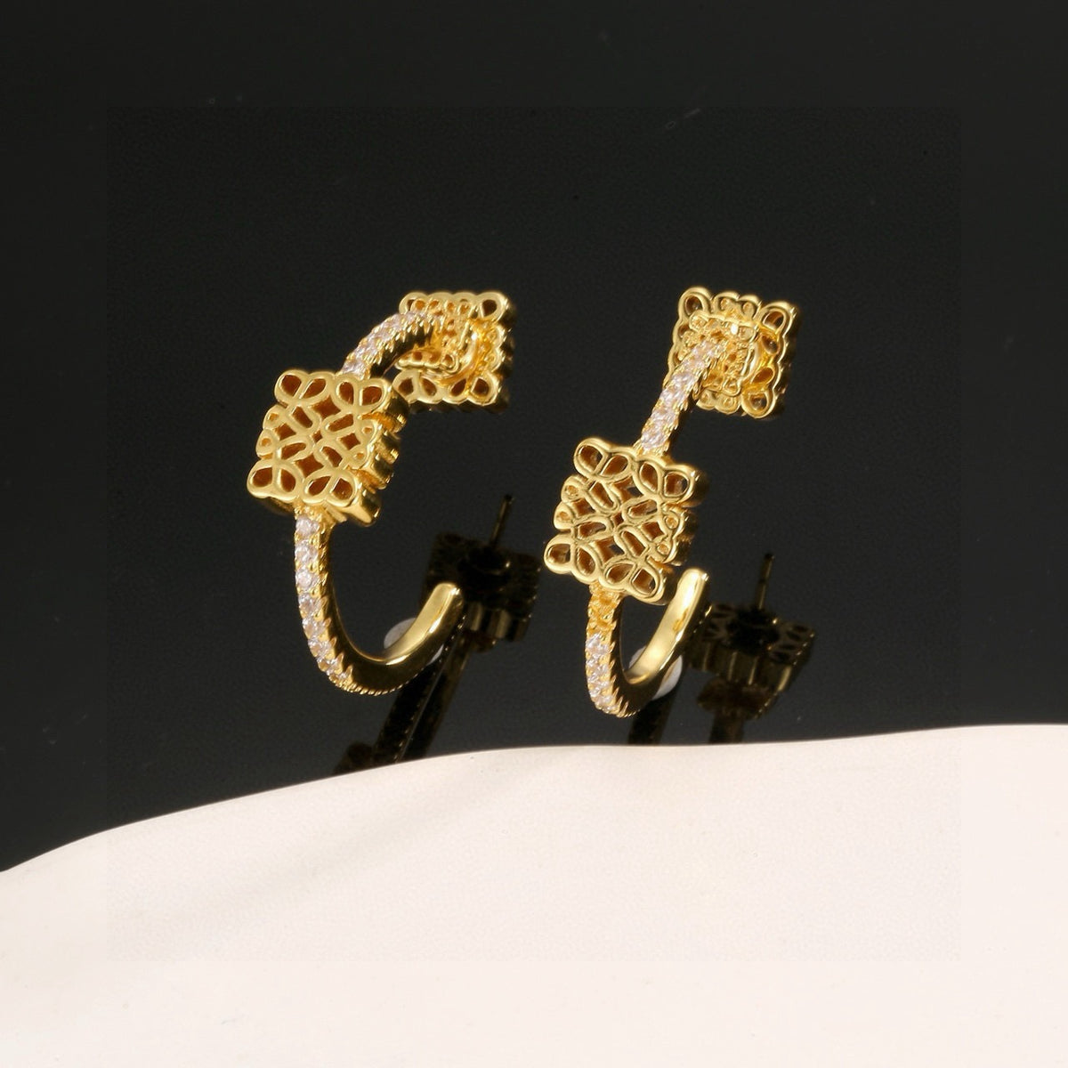 Floral Motif Stud Earrings in Gold-Tone with Crystal-Style Accents – Design 06 side detail