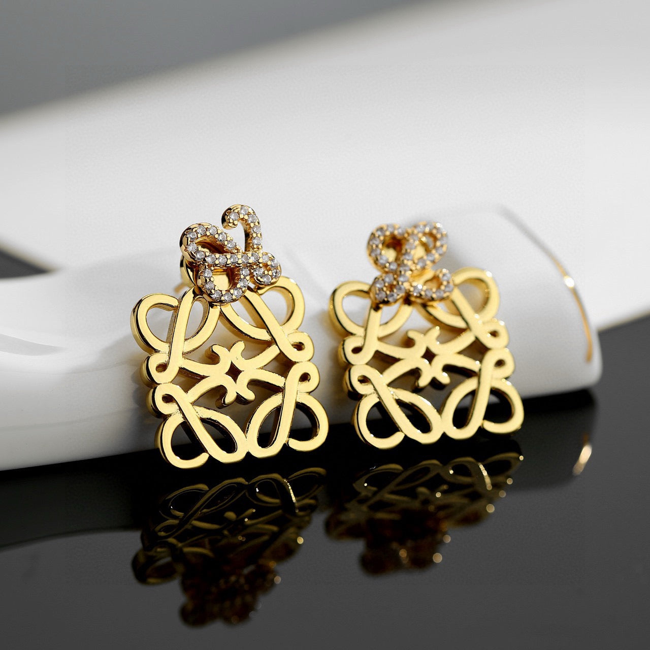Floral Motif Stud Earrings in Gold-Tone with Crystal-Style Accents – Design 05 front view
