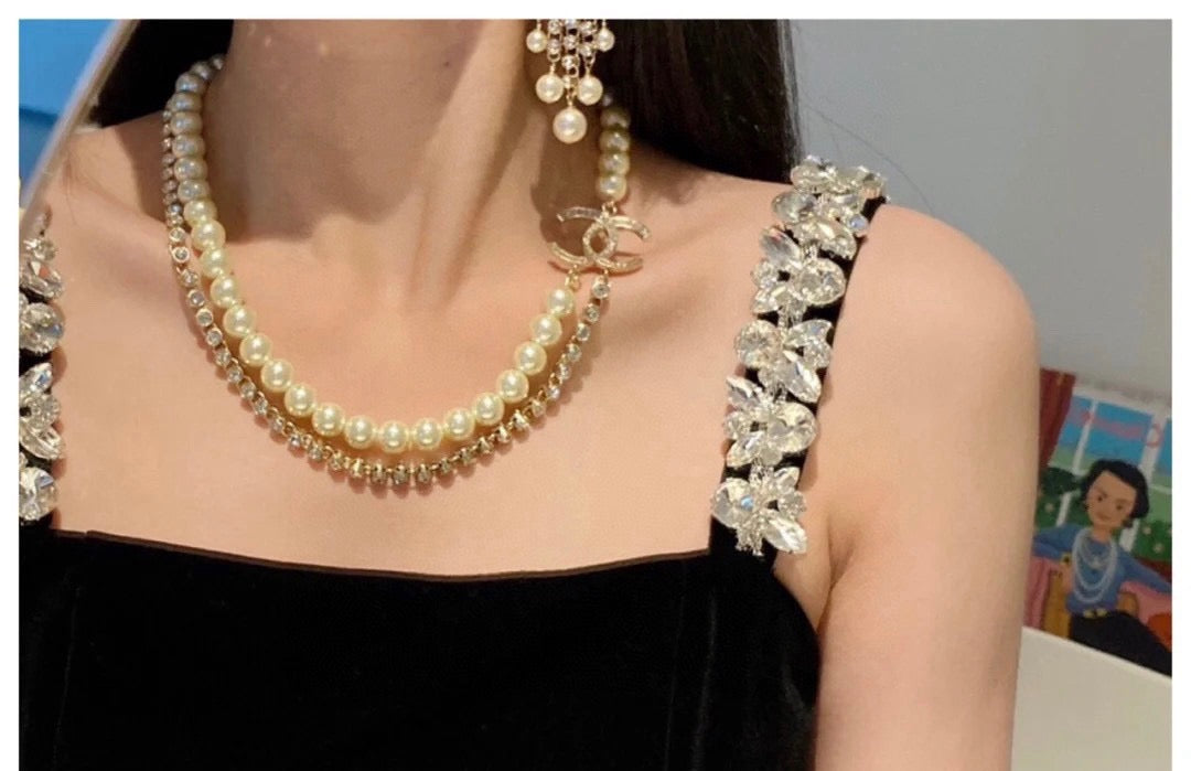 Double-C Emblem Pearl-Detail Pendant Necklace – Pearl Detail – Design 113 styled product view
